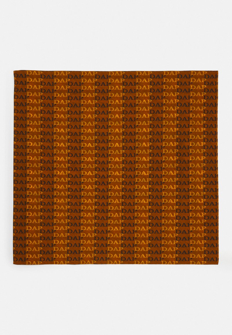 Brown textile featuring a repeating pattern of the word "DAP" in orange and black, with a smooth texture and rectangular shape.
