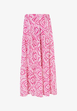 Rosa und weiße Batikmuster-Tiermaxikleid mit elastischem Bund auf einem weißen Hintergrund.