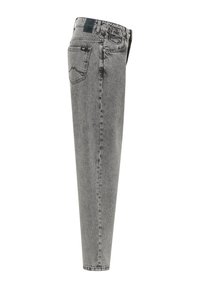 Szare dżinsy w tapered fit, z klasycznym pięciokomorowym designem, kontrastowymi szwami oraz czarną metką w pasie.