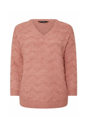 Maglione a maglia rosa polveroso con collo a V, caratterizzato da un motivo a zig zag testurizzato, maniche lunghe e polsini e orlo a costine.
