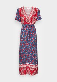 Röd och blå blommig maxiklänning med korta ärmar, omslag design, knytmidja och ett mönstrat fåll med intrikata paisleydetaljer.