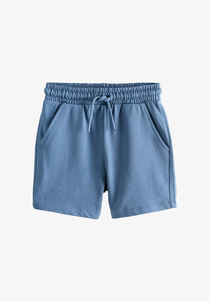 Blaue Baumwollshorts mit elastischem Bund, verstellbarem Kordelzug und zwei Seitentaschen. Glatte Textur, lässiger Schnitt und abgestepptes Saum.