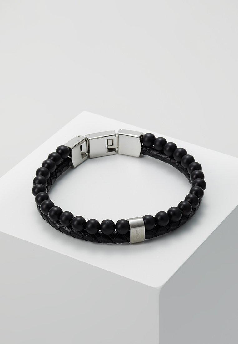 Black woven leather bracelet with spherical black beads and a silver magnetic clasp, featuring a smooth texture and subtle metallic accents.
