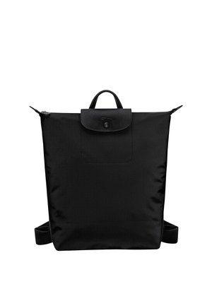 Black rectangular backpack with top handle, flap closure featuring a button, and adjustable shoulder straps extending from sides.