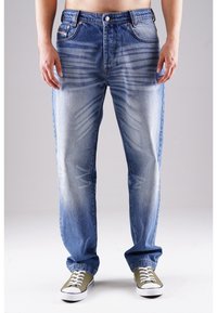 Jasnoniebieskie jeansy z denimu o prostym kroju, z przetarciami i efektami postarzenia. Zaprojektowane z elastycznym paskiem w talii i kieszeniami z tyłu.