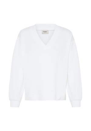 Hvid langærmet V-hals sweatshirt med ribstrikkede ærmekanter og kant forneden, mærket "Fransa" inde i kraven.