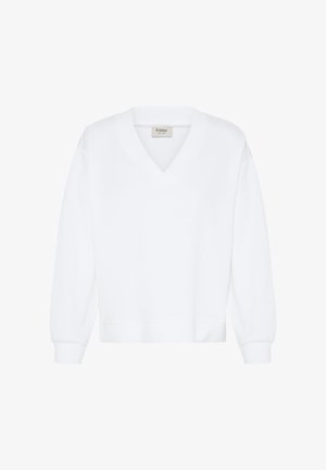 Hvid langærmet V-hals sweatshirt med ribstrikkede ærmekanter og kant forneden, mærket "Fransa" inde i kraven.