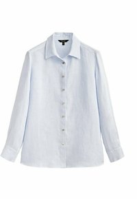Lichtblauw, langarm overhemd met knoopsluiting, voorzien van dunne witte verticale strepen en een puntige kraag.
