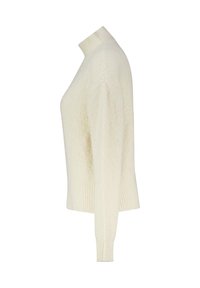 Cremfarbener Pullover mit hohem Kragen, gerippten Bündchen und Saum sowie einer strukturierten Oberfläche. Das Design zeichnet sich durch eine taillierte Silhouette aus.