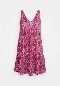 Květinové šaty s hlubokým V-výstřihem, vyrobené z lehké tkaniny. Mají fialový základ s oranžovými, růžovými a bílými květinovými vzory. A-liniový tvar.