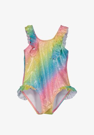 Regnbuefarvet badedragt med glitrende finish, der har volangstropper og accenter, glat tekstur og en tætsiddende ærmeløs design.