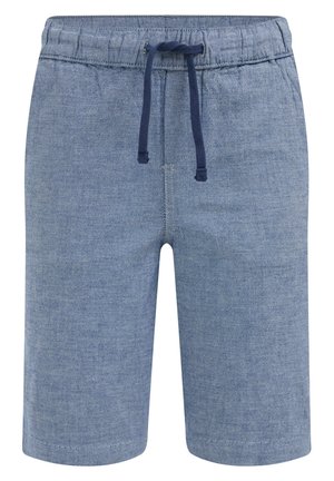 Lyseblå afslappede shorts med elastisk talje og navyblåt snørebånd, lavet af blødt stof.