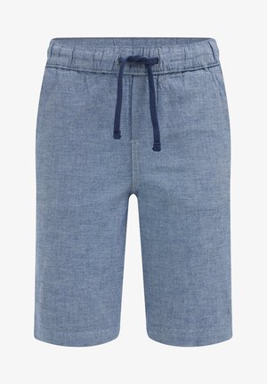 Hellblaue Freizeithosen mit elastischem Bund und navyblauer Kordel, aus weichem Stoff gefertigt.