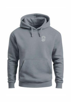 Grauer Hoodie aus weichem Stoff mit Kängurutasche, verstellbarer Kapuze mit Kordelzug und kleinem Sonnenmotiv auf der linken Brust.