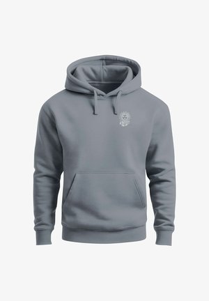 Grauer Hoodie aus weichem Stoff mit Kängurutasche, verstellbarer Kapuze mit Kordelzug und kleinem Sonnenmotiv auf der linken Brust.