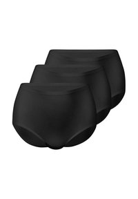 Black cotton briefs, three-pack, high-waisted design, smooth texture, seamless edges, full coverage style.