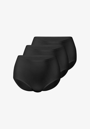 Black cotton briefs, three-pack, high-waisted design, smooth texture, seamless edges, full coverage style.