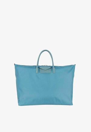 Blue tote bag made of durable nylon, featuring a structured shape, two top handles, and a small front pocket with a flap closure.