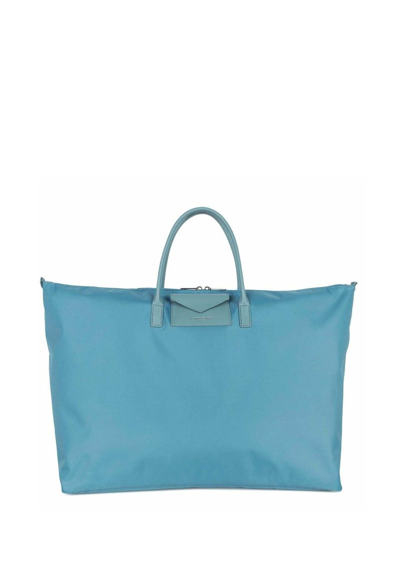 Sac fourre-tout bleu en nylon durable, doté d'une forme structurée, de deux poignées supérieures et d'une petite poche avant avec fermeture à rabat.