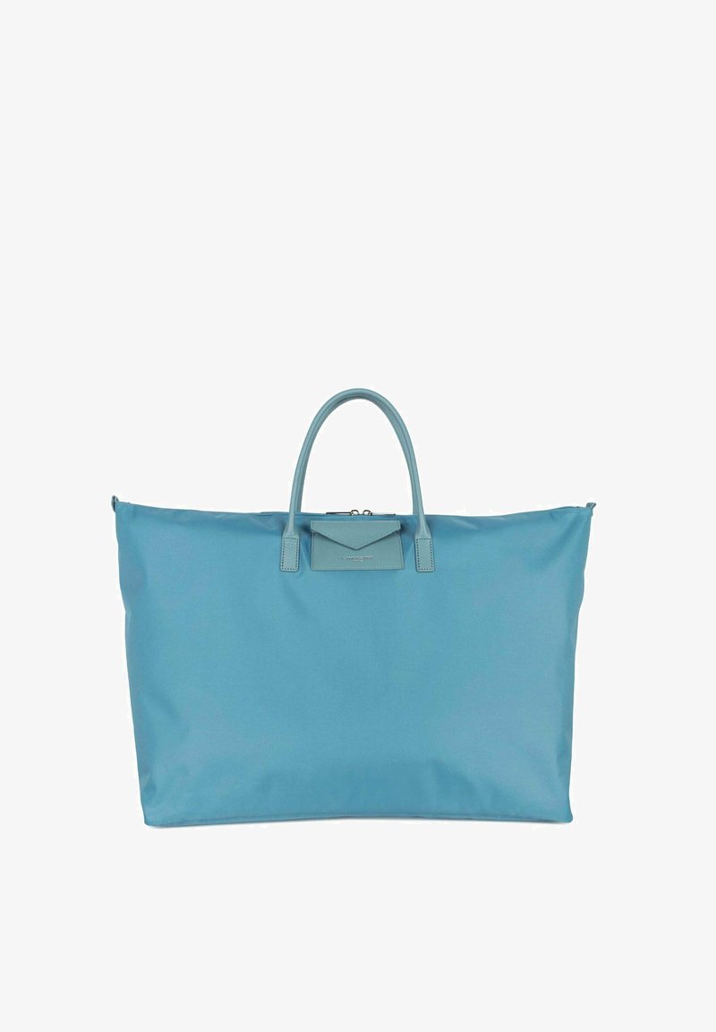 Sac fourre-tout bleu en nylon durable, doté d'une forme structurée, de deux poignées supérieures et d'une petite poche avant avec fermeture à rabat.
