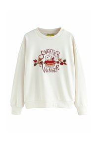 Biała bluza z opadającymi ramionami, ściągaczami przy rękawach oraz haftowanym wzorem "Sweater Weather" przedstawiającym kreskówkowego psa i liście jesieni.