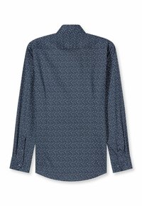 Navy blue long-sleeve shirt with white and light blue geometric patterns, buttoned cuffs, and a classic collar. Smooth fabric texture.