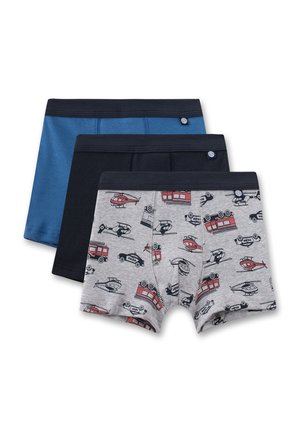 Drei Jungen-Boxershorts in Blau, Schwarz und Grau mit einem Muster aus roten und schwarzen Fahrzeugen und Hubschraubern auf der grauen Hose.