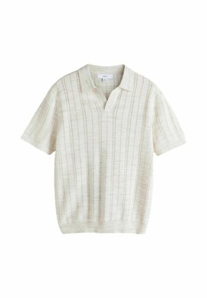 Polo en maille à manches courtes crème avec des rayures verticales en maille ajourée et un col doux, taille moyenne.