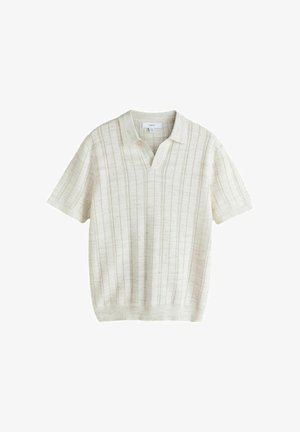 Krém színű rövid ujjú kötött galléros póló függőleges nyitott kötött csíkokkal és puha gallérral, közepes méret.