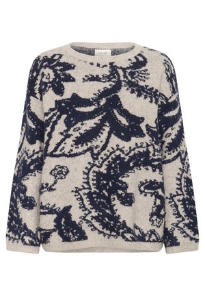 Jersey de punto con cuello redondo, presenta una base color crema y un patrón floral en azul marino oscuro. Mangas largas y textura suave.