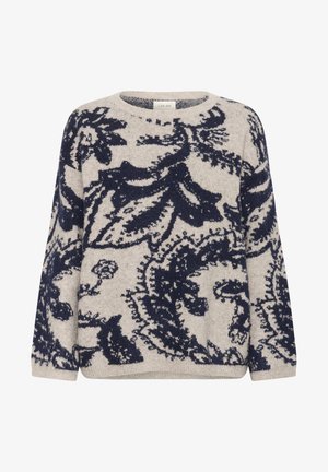 Strickpullover mit Rundhalsausschnitt, in Creme mit dunkelblauem Blumenmuster. Lange Ärmel und weiche Textur.