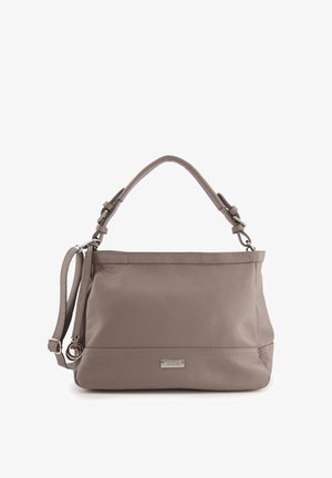 Graue Lederhandtasche mit strukturierter Oberfläche, einem einzelnen oberen Griff und abnehmbarem Schultergurt. Verfügt über ein silbernes Logo-Detail und einen Reißverschluss.