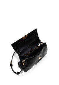 Black leather handbag with gold hardware, zippered pocket inside, and a structured design. Flap closure with an accent logo.