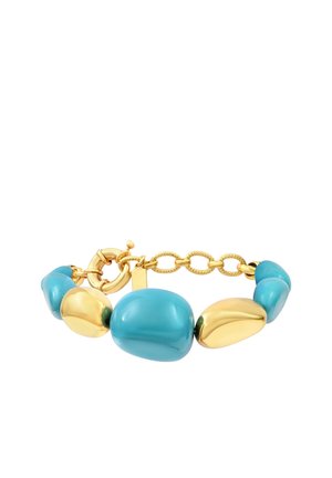 Bracelet chaîne en or avec de grosses perles lisses turquoise et or irrégulières et un fermoir rond en or.