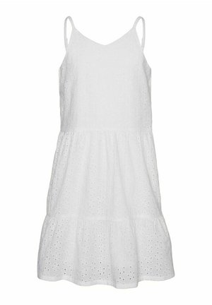 Hvid ærmeløs sommerkjole med øjlet stof, V-hals, lagdelt nederdel og tynde skulderstropper.
