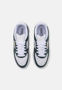 Baskets vertes et blanches avec une tige en cuir lisse, une boîte à orteils perforée, des lacets plats blancs et un marquage Puma bien visible sur le côté.