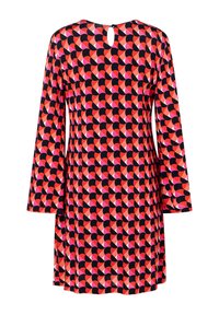Rood en roze gebloemde jurk met lange mouwen, zwarte accenten, een ronde halslijn en een sleutelgatopening aan de achterkant. Zachte, vloeiende stof met een geometrisch ontwerp.