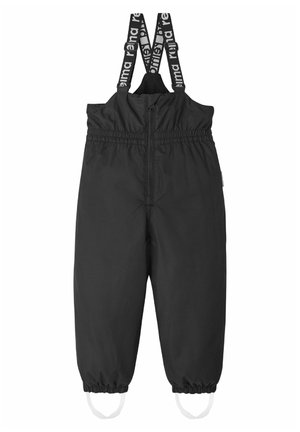 Sorte vandtætte overalls med elastisk talje, justerbare stropper, lynlås foran og elastiske ankelmanchetter. Har hvide fodbånd.