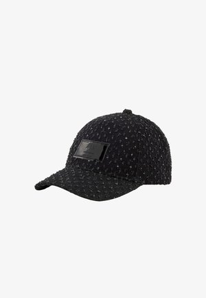 Cappellino da baseball nero con tessuto strutturato, visiera piatta e una patch rettangolare con logo sul davanti. Materiale resistente con motivo intrecciato.