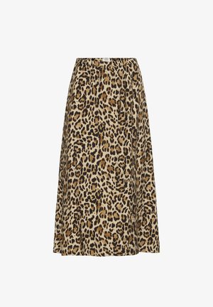 Leopardų rašto midi sijonas su elastinga juostele, smėlio spalvos fonas su tamsiai rudais ir juodais taškeliais, minkšta medžiaga ir platėjantis dizainas.