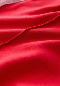 Roter Stoff mit glatter Textur, der sanfte Falten und eine Nahtlinie aufweist. Das Material erscheint leicht und biegsam.