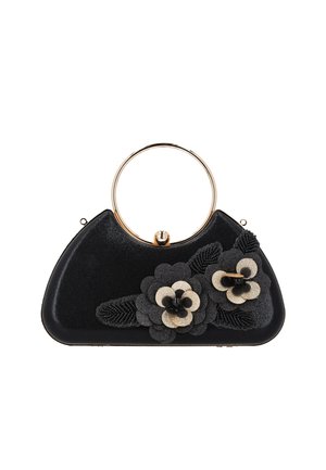 Czarna wieczorowa kopertówka z złotym okrągłym uchwytem oraz trójwymiarowymi kwiatowymi zdobieniami w czerni i złocie na froncie.