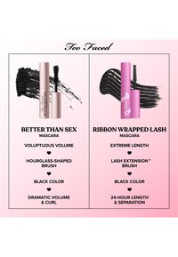 Twee mascara producten op een roze achtergrond: links een roségouden tube met een zandloperborstel; rechts een roze tube met een wimperverlengingsborstel.