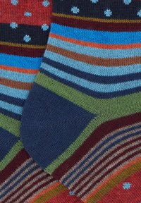 Calzini di cotone multicolori con una combinazione di righe e pois nelle tonalità di rosso, blu, verde, marrone e blu scuro. Design con tallone rinforzato.