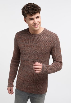 Brown and grey knitted sweater with a round neckline, long sleeves, ribbed texture, and a leather patch on the left arm.