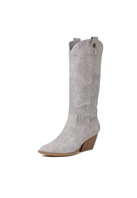 Stivale cowboy grigio in camoscio, alto fino al ginocchio, con punta affusolata, motivi perforati decorativi e tacco impilato. Dettagli di cucitura evidenti lungo il gambale.