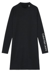 Abito lungo nero a maniche lunghe con collo alto. Realizzato in tessuto a coste con la scritta "Calvin Klein Jeans" lungo la manica sinistra.