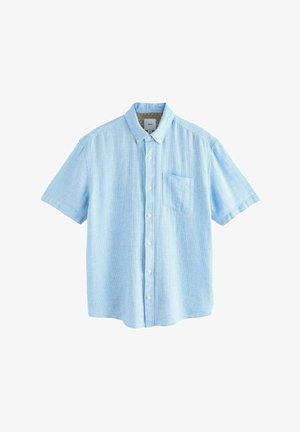 Light blue short-sleeve shirt made of woven fabric. Features a button-down collar, front pocket, and white buttons evenly spaced along the front.