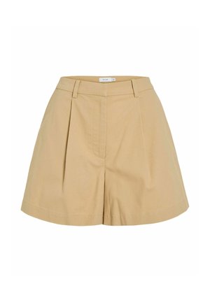 Beige shorts med høyt liv, frontfolder, beltehemper og skjult frontåpning.