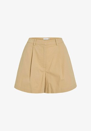 Pantaloncini beige a vita alta con pieghe frontali, passanti per cintura e chiusura anteriore nascosta.